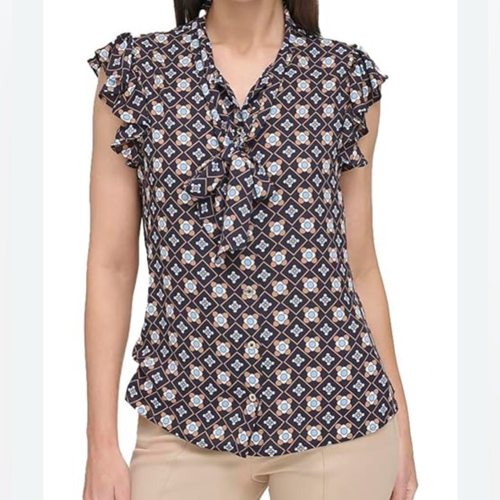 Tommy Hilfiger Women's Tie-neck, Ruffle Sleeve Blouse